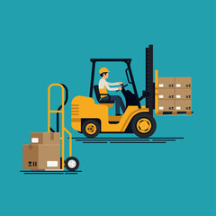 Flat vector forklift with abstract worker carrying palette of goods. Delivery cart with packages. Logistics, storage and delivery in business and industry concept illustration - obrazy, fototapety, plakaty