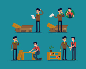 Furniture assembly help vector concept illustration with man confused by assembly instruction and receiving help from furniture store professional. Furniture assembly service. Handyman and client