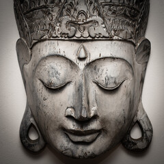 Fototapeta na wymiar Buddhas Face on grey vintage statue white background