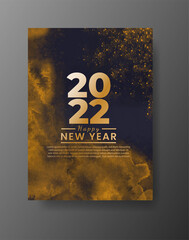 Happy new year 2022 poster or card template with watercolor wash splash 