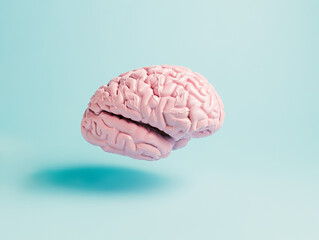 Pink human brain floating and flying over pastel blue background. Creative thinking concept....