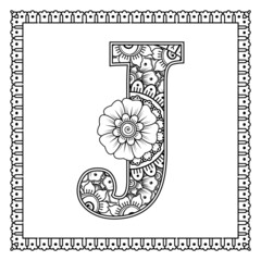 Letter j made of flowers in mehndi style. coloring book page. outline hand-draw vector illustration.