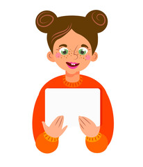 Happy child holding a blank billboard. Isolated portrait..Little girl holding blank poster campaigning and promoting