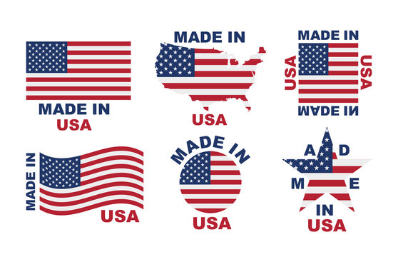 Made in the USA label collection. Composition with American flags and the emblem of American products. Vector illustration.