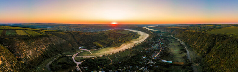 Aerial drone panoramic view of the Old Orhei at sunset