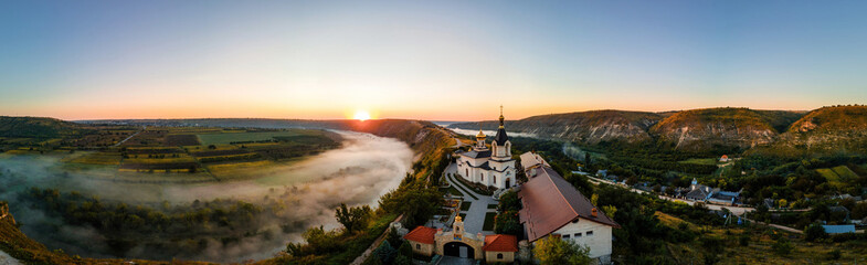 Aerial drone panoramic view of the Old Orhei at sunset