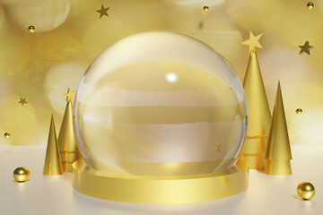 3d render of golden podium and gold cone Christmas trees with balls and stars with bokeh background