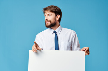 manager White mockup poster in hand advertising blue background