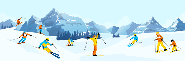 Winter mountain landscape with many different skiers. Happy man, woman with kids ride skies in Alps. Blue sky, tops of rocks on background. Winter sport activities. Skiing resort. Vector illustration - obrazy, fototapety, plakaty