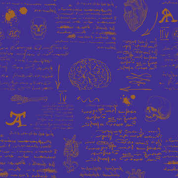 vector image of a seamless textural background in the style of notes from the diary of a scientist anatomist with sketches, formulas and notes