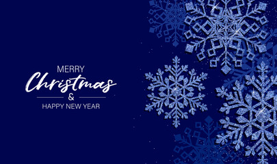 Fototapeta na wymiar Greeting card for Merry Christmas and Happy New Year 2022. Congratulations are written with elegant white letters on dark blue background and decorated with big sparkle snowflakes. Vector illustration