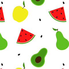 fruit pattern with apple, pear, watermelon, avocado and watermelon seeds. Vector