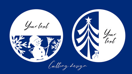 Christmas round gift tags with with snowman, herringbone and blank place for your text. Cutting file.