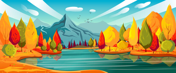 Autumn clear day landscape. Poster of red, yellow, green, brown trees and pure river, mountain on background. Big and small clouds, birds fly in the sky. Season wallpaper. Vector graphic illustration