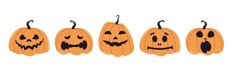 Halloween pumkin stickers vector set. Halloween isolated icons. Pumkins with different emotions on white background. Vector illustration