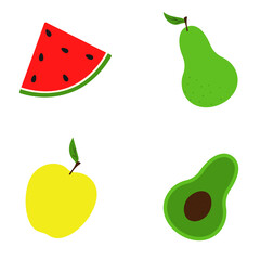 set of fruits: apple, pear, avocado, watermelon. Flat style. Vector