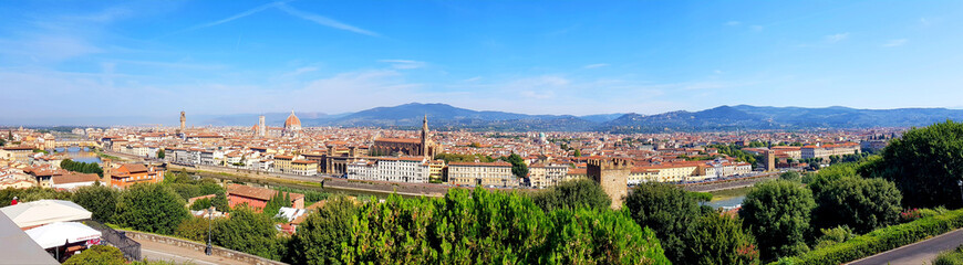 Panorama of Florence (Firenze) in Italy at sunset from Piazza Michelangelo including the cathedral of Santa Maria del Fiore (Duomo) and Palazzo Vecchio