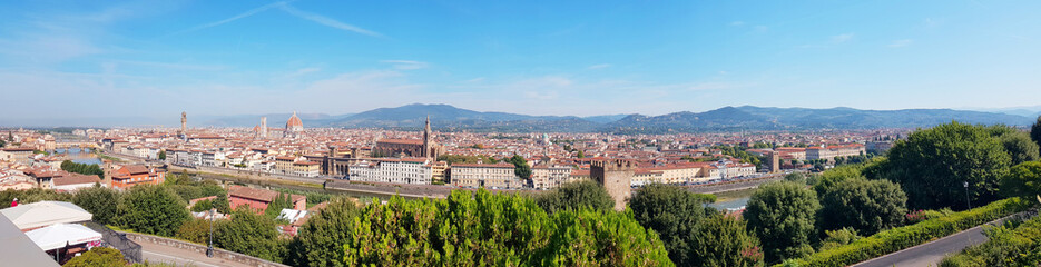 Panorama of Florence (Firenze) in Italy at sunset from Piazza Michelangelo including the cathedral of Santa Maria del Fiore (Duomo) and Palazzo Vecchio