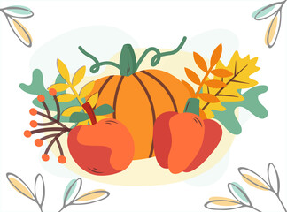 Decorative set of vegetables, fruits, leaves. Autumn mood greeting card poster template. Delicate autumn composition. Vector design for Vegan Day, Thanksgiving Harvest Festival. Flat design , close up
