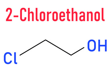 Ethylene chlorohydrin or 2-Chloroethanol molecule. Side product formed during ethylene oxide sterilization. Skeletal formula.