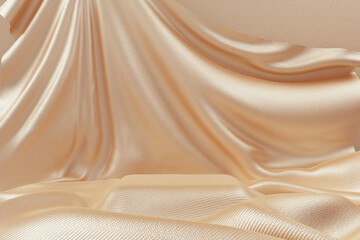 Cosmetic or fashion product display mockup. Fabric gold cloth texture pedestal, abstract showcase textile folds texture background 3d rendering. Object placement elegant podium for advertising banner.