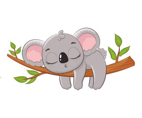A cute koala sleeps in a tree. Vector illustration of a cartoon. © Arina