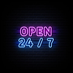 Obraz na płótnie Canvas Open 24 7 service neon signs vector. Design template neon sign