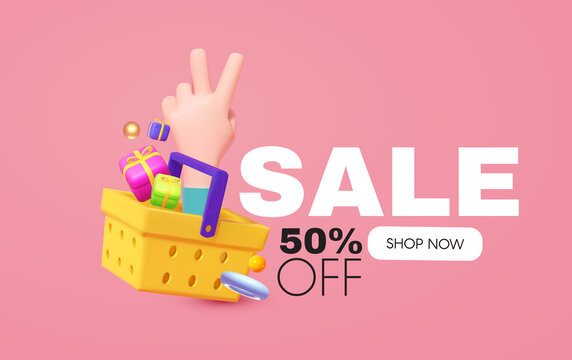 Cool Sale design template with shopping bascet and thumbs up gesture. Spectial offer render space.