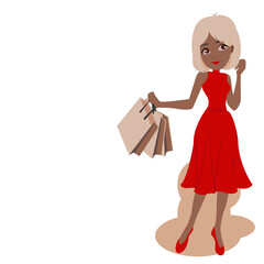 Cartoon a cute high-class beautiful young woman wearing a red dress standing and handling in a shopping bags  on white background.Vector isolate flat design concept for shopping mall sales season.