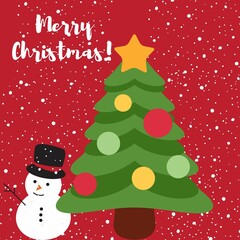 Christmas tree on red background with Santa Claus and snow