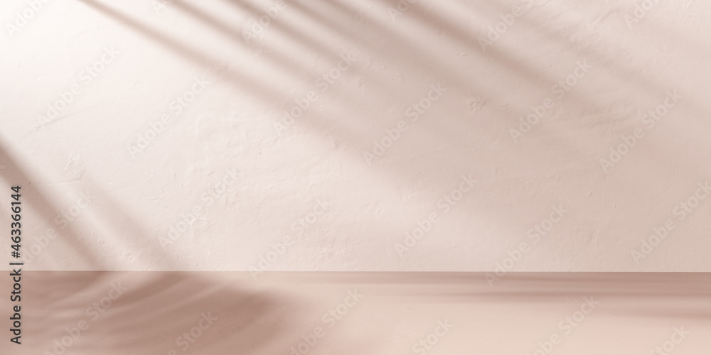 Wall mural Shadows on wall with tropical tree texture product display mockup, minimal pastel beige scene for beauty products presentation and showcase banner. 3d rendering