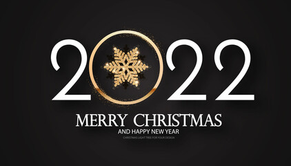 Fototapeta na wymiar Happy 2022 New Year Elegant Christmas congratulation with gold snowflakes.