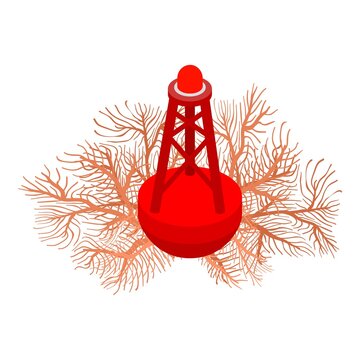 Sea symbol icon isometric vector. Coral reef and red floating lighthouse icon. Marine symbol, navigational equipment