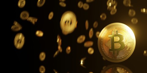 gold bitcoin or BTC and bit coin drop from sky on black background copy space .3D Rendering.