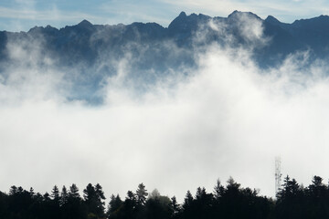Layers of clouds and forest with mountains in the background