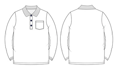 Long sleeve Basic Polo T-shirt With pocket  overall technical fashion flat sketch vector Illustration template front and back views. Basic apparel Design Mock up for Kids, boys and men's.