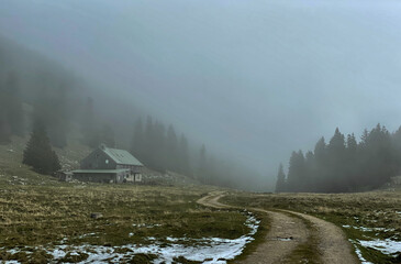Wanderweg im Nebel bei der Riesenhütte im Hochries-Gebiet, Bayern, Deutschland