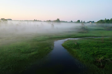 evening fog landscape forest river, view morning forest beautiful background