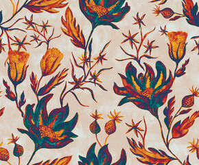 Handmade watercolor pattern tile with flowers,buds, inflorescences background. Colorful hand painted water color illustration with vintage flowers. European design