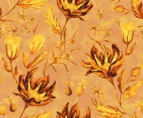 Handmade watercolor pattern tile with flowers,buds, inflorescences background. Colorful hand painted water color illustration with vintage flowers. European design