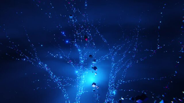 Abstract scene of digital holiday tree with flashing data blocks forming its branches in dark space. Future technology or christmas background concept