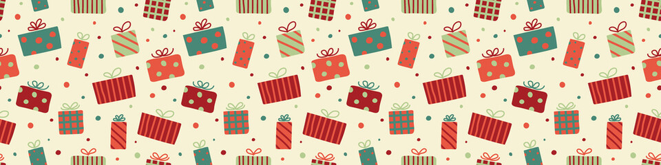 Design of pattern with Xmas present boxes. Christmas concept. Banner. Vector