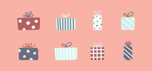Hand drawn Christmas gift boxes. Set of icons. Vector
