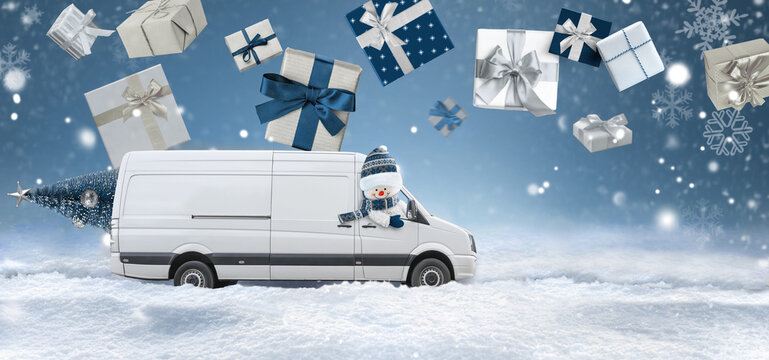 Delivery van driven by a snowman carries christmas presents