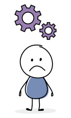 Sad cartoon caricature with gear - business process icon. Business concept. Vector