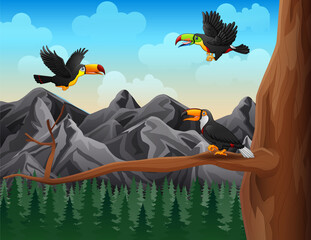 Illustration of toucan birds fly over the tree © dreamblack46