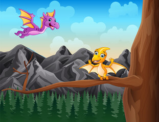 Funny pterodactyl flies over the tree in the mountain background © dreamblack46