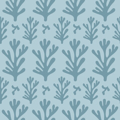 Fototapeta premium Modern seamless pattern of abstract blue organic shapes. Inspired Matisse vector minimal design. Monochrome colors 