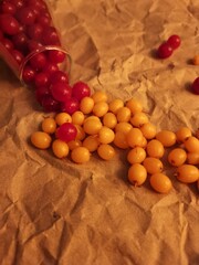 berries, yellow, orange, glass, bouquet, vase, autumn, vegetable, garden, harvest, drink, compote, fruit juice, transparent, sea buckthorn, kalina, table, kitchen, dessert, diet, cottage, village