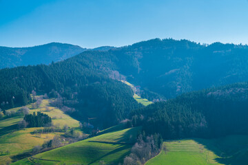 Germany, Endless wide schwarzwald panorama view above green tree covered mountains and valleys with...
